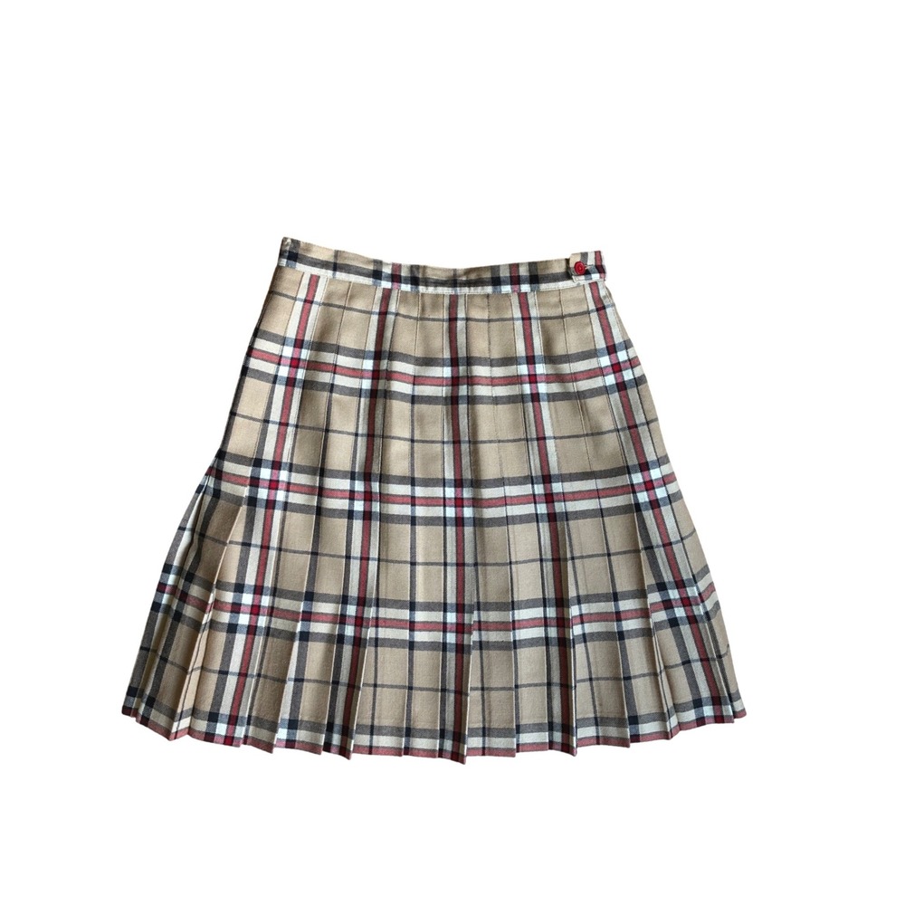 Lands End Vintage Wool Plaid Pleated Kilt Skirt Made in Scotland Tan Red 14